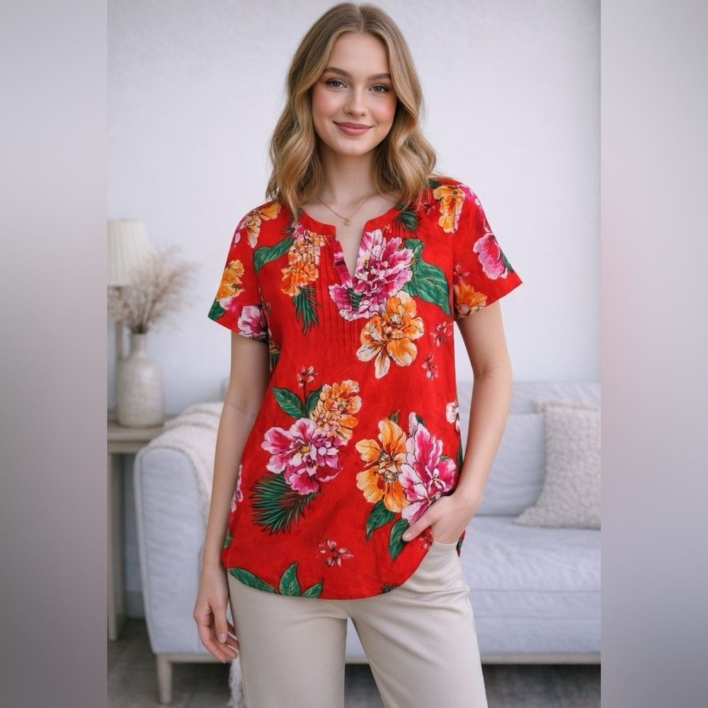 Old Navy Red Floral Tropical Short Sleeve Shirt Sz S/P Very Soft Rayon